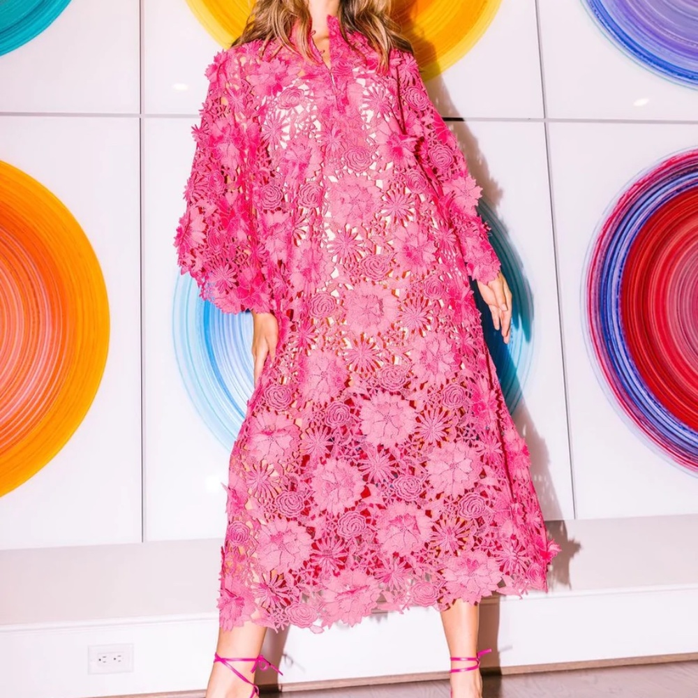 La Vie Style House pink lace maxi caftan